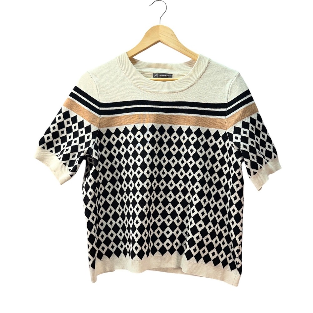 Adrianna Papell Sweater Top Women M Cream Black Geometric Knit Mod Short Sleeve